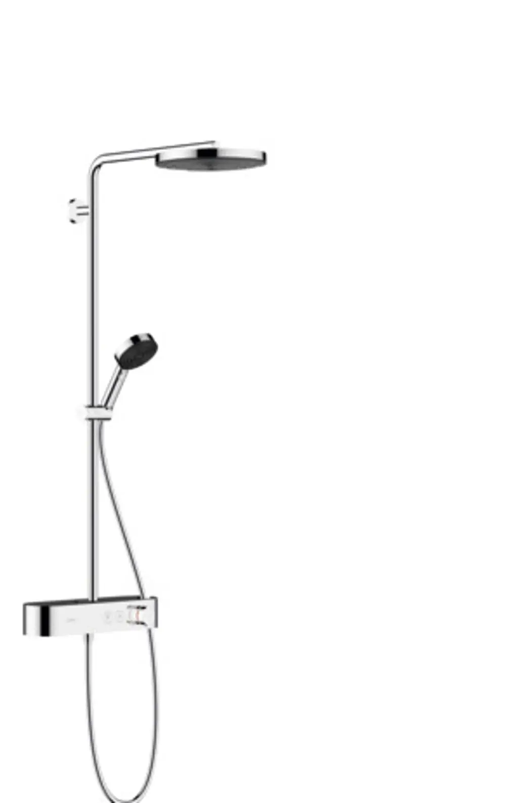 Chromfarbene Showerpipe von Hansgrohe mit einer großen Kopfbrause und Handbrause, verbunden durch eine flexible Schlauchführung und einem Bedienfeld zur Steuerung.